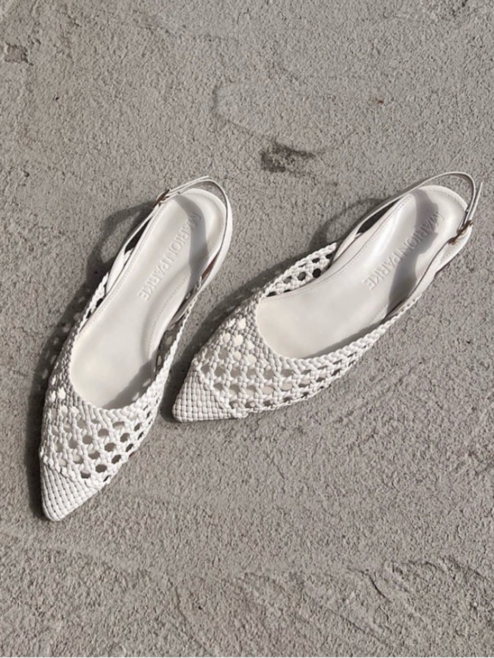 Marion Parke Patty White Woven Cane Leather Pointed Slingback Flats 40.5